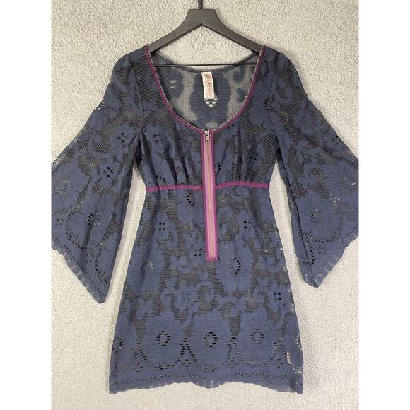 Free People Navy Lace Mini Dress Small Boho Sheer Bell Sleeve Festival Outfit - Picture 12 of 12